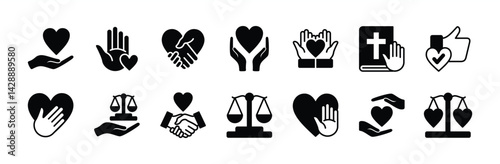Honesty icon vector set. Containing ethics, integrity, oath, friendship, handshake, trust, love, care, core value, sincerity, justice, principle, promise, transparency, relationship. Illustration