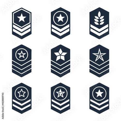 Design a solid black icon set depicting various military ranks and insignia.  Include detailed, easily recognizable symbols.