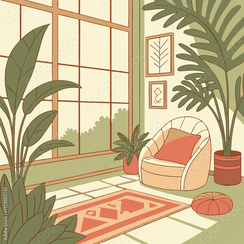 Modern living room with plants and natural decor near a large window