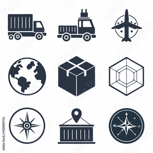Design a solid black icon pack depicting key elements of logistics and deli operations delivery trucks, boxes, food items, maps, etc.  Ensure icons are minimalist and easily scalable.