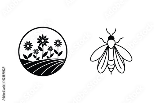 Simple Black And White Illustration Of Flowers In Circle And A Bee