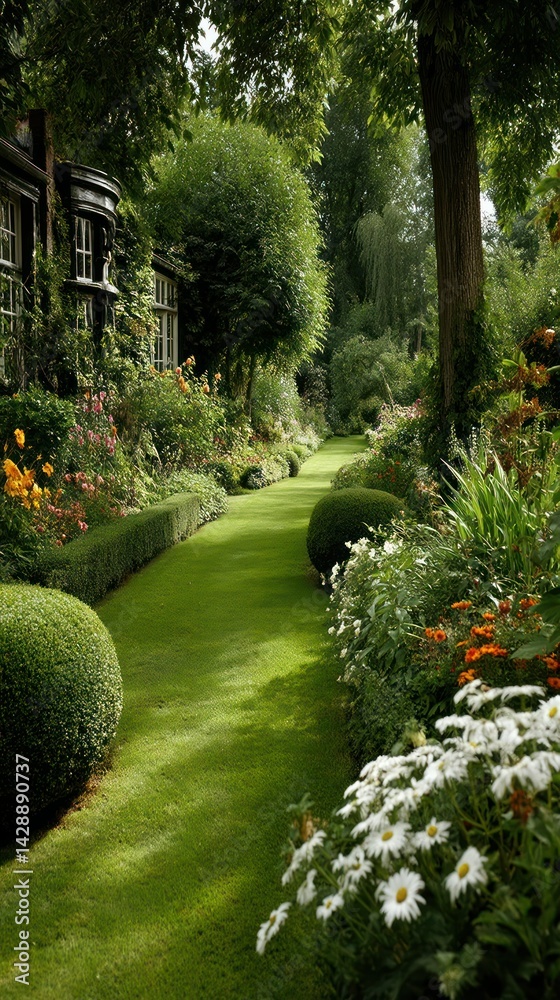 Obraz premium Lush garden pathway, greenery, trees, and blooming flowers