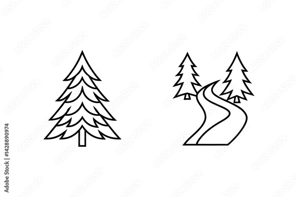 Obraz premium Simple Outlined Trees And Road Vector Graphic Design Elements Minimalist Style