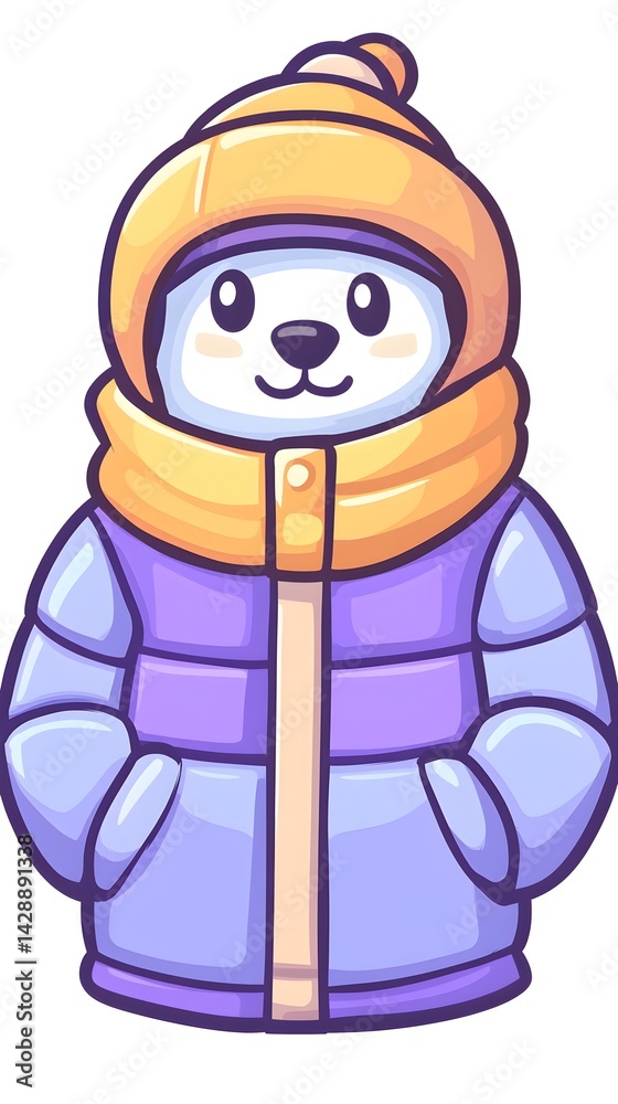 Obraz premium Cute polar bear cartoon wearing a purple winter jacket and orange hat