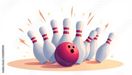 Bowling Strike: A vibrant bowling ball strikes down a line of pins in a dynamic illustration, capturing the excitement and energy of a perfect strike.