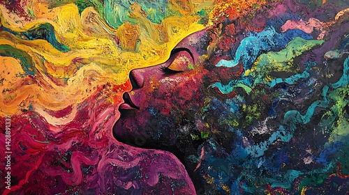 a woman face adorned with vibrant abstract paint strokes