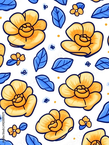 Cheerful yellow flowers and blue leaves seamless pattern