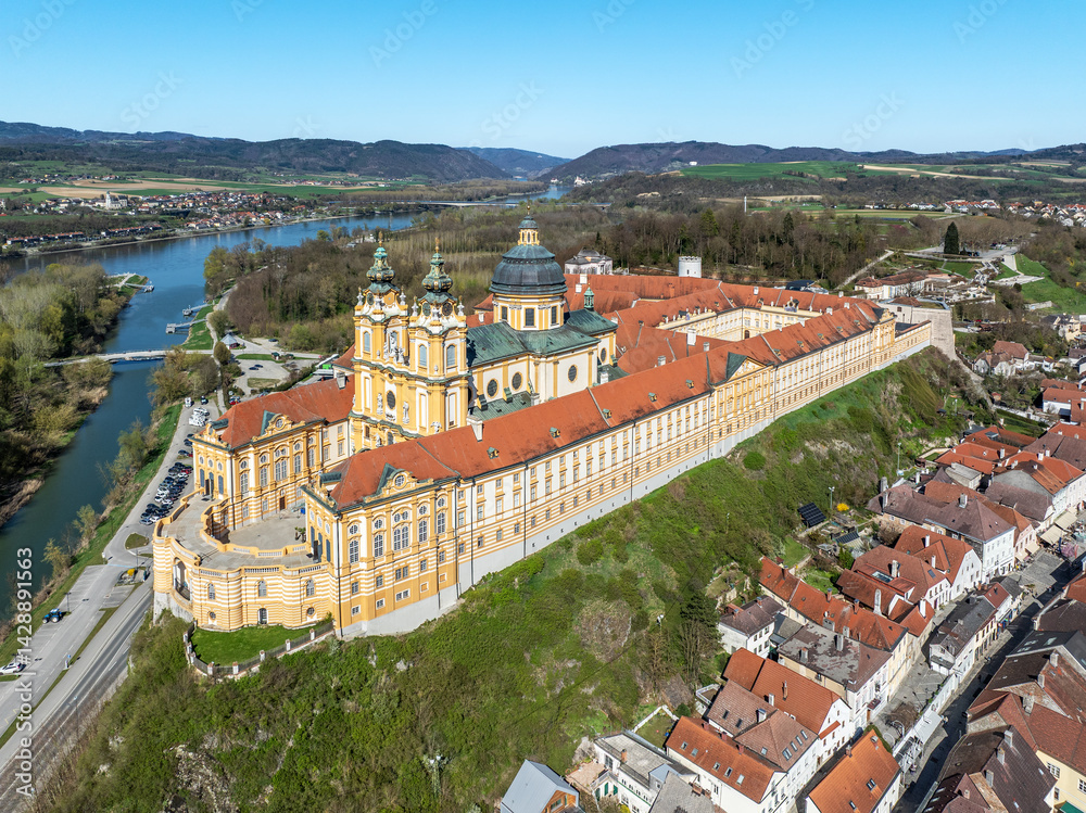 Benedictine abbey in Melk, Austria. Aerial view with Danube River