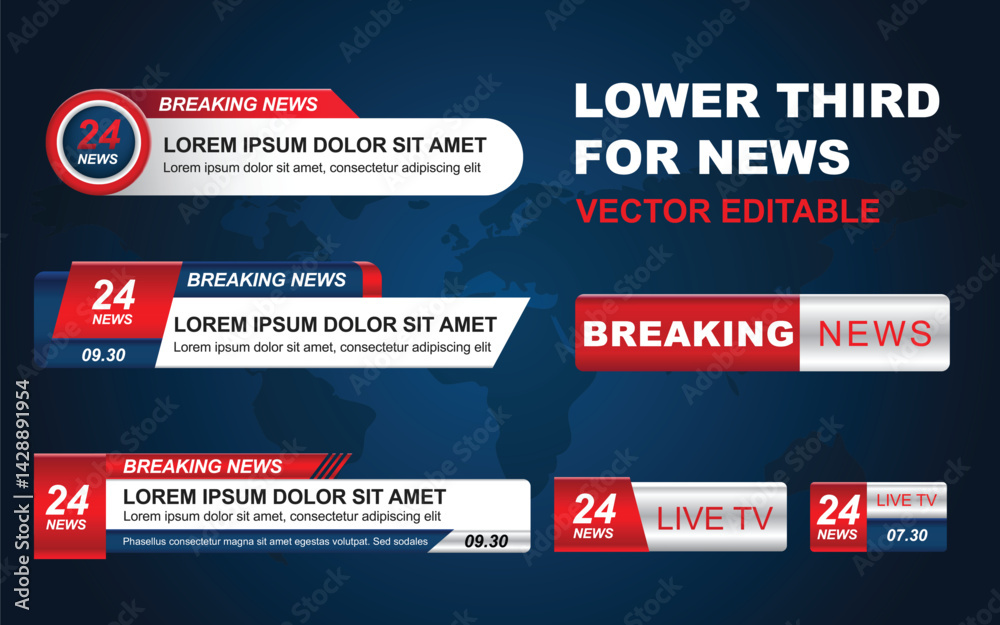 Fototapeta premium Lower third tv header, headline and news bars. Vector modern colorful red blue white. video title or television news bar isolated template.