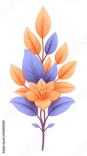 Peach and purple flower with leaves, isolated on white