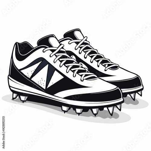 Design bold, vector illustration of baseball cleats with prominent stitching detail;  emphasize a strong, thick outline.  Include high-quality SPI (spikes) detail.