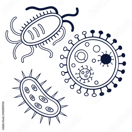 Bacteria and Virus Icon Set Scientific Line Art Representations of Microorganisms in Clean, Minimalist Style