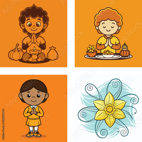 Diverse Cartoon Kids Praying And Floral Design On An Orange Background Layout