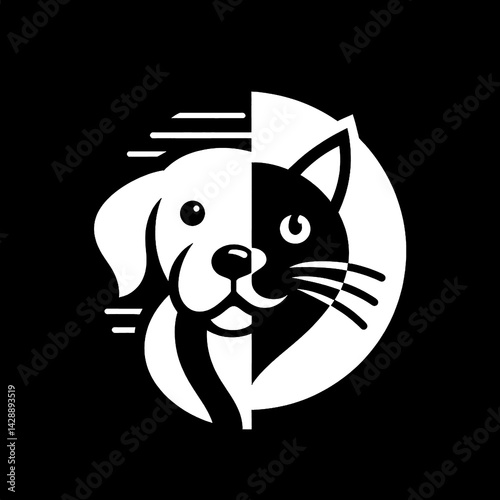 isolated black and white silhouette vector of a dog and cat logo