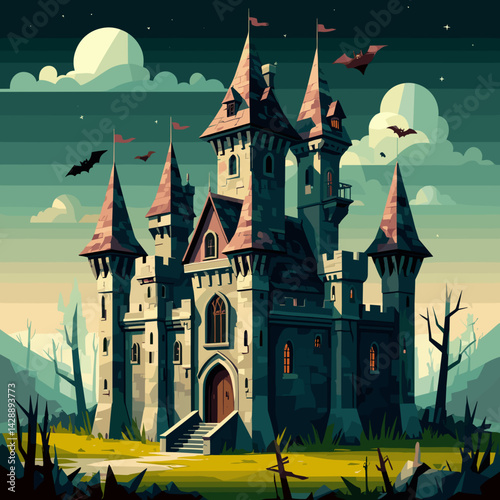 Haunted castle illustration at night with bats and eerie sky  