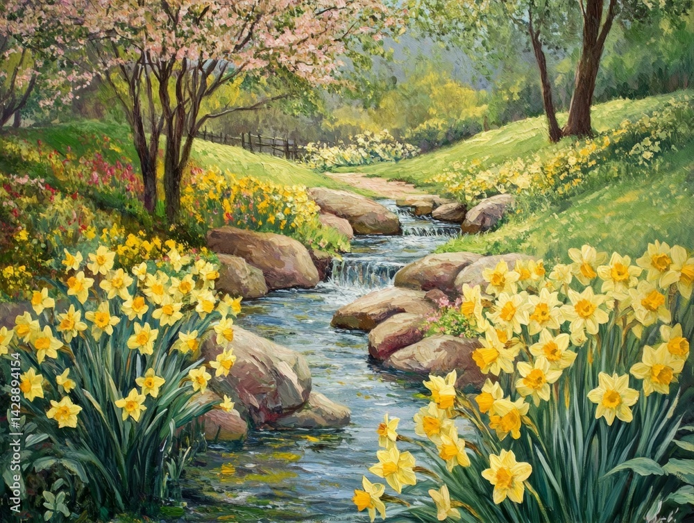 Fototapeta premium Tranquil Stream Flowing through a Meadow of Daffodils Surrounded by Lush Trees and Green Hills