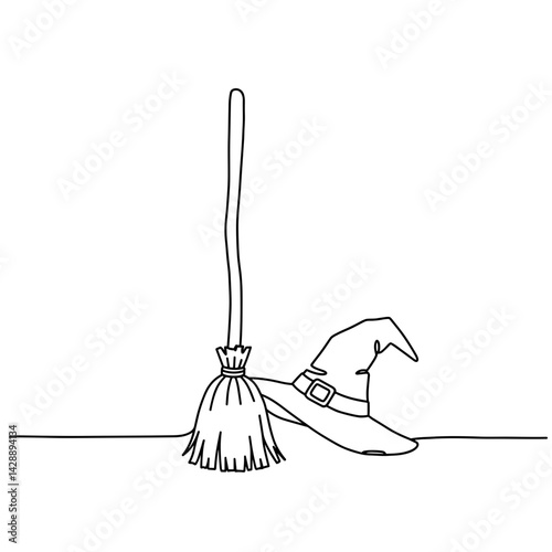 Halloween witch hat and broomstick line art illustration  