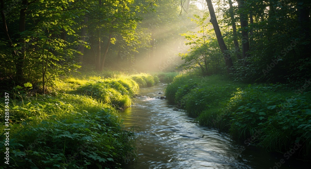 Fototapeta premium Sunlit Stream Through the Woods: A tranquil scene, a gentle stream meanders through a verdant forest, kissed by sunlight streaming through the canopy.