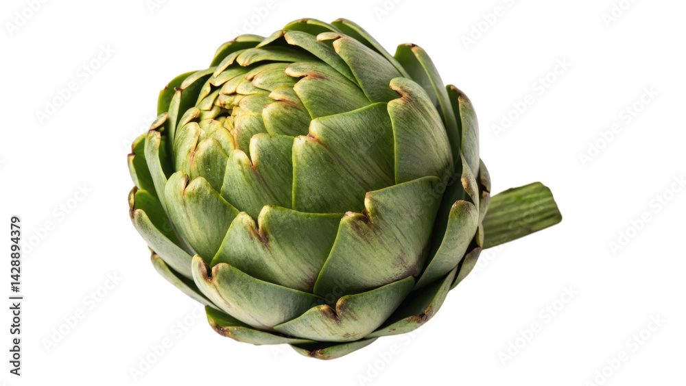 Obraz premium A vibrant artichoke with layered green leaves, showcasing its unique structure and texture, highlighting its botanical beauty.