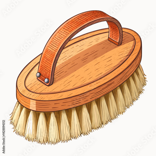 Design a bold, vector illustration of a body scrub brush, emphasizing thick strokes.  The brush should be realistically depicted,  resting on a white background.