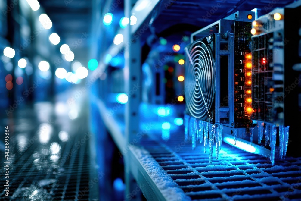 High-Tech Mining Equipment with Ice in a Cold Data Center Environment