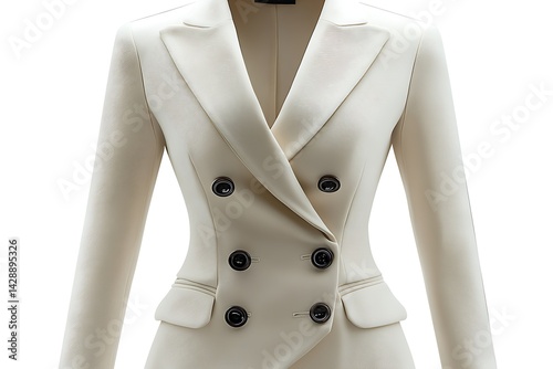 Elegant OffWhite Double Breasted Blazer With Black Buttons & Notch Lapel on White photo
