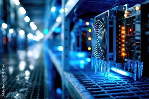 Obraz na płótnie High-Tech Mining Equipment with Ice in a Cold Data Center Environment w salonie