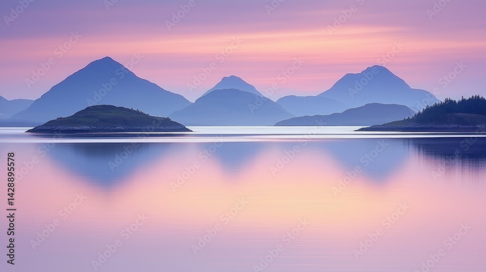 Misty mountains reflected in calm, glassy lake at sunrise Misty mountains reflected in calm, glassy lake at sunrise