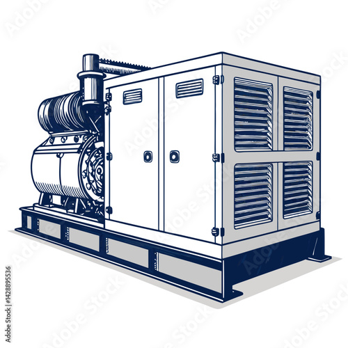 Create a bold, vector illustration of a diesel generator unit, emphasizing strong outlines and clean lines.  Include all essential components.