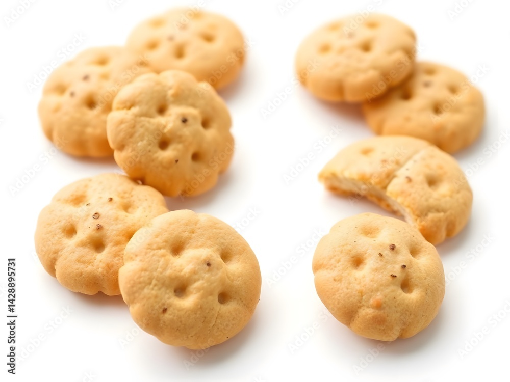 Close-Up of Golden Biscuits Isolated on White Background – High-Resolution Snack Food Stock Image for Commercial Use Close-Up of Golden Biscuits Isolated on White Background – High-Resolution Snack Food Stock Image for Commercial Use