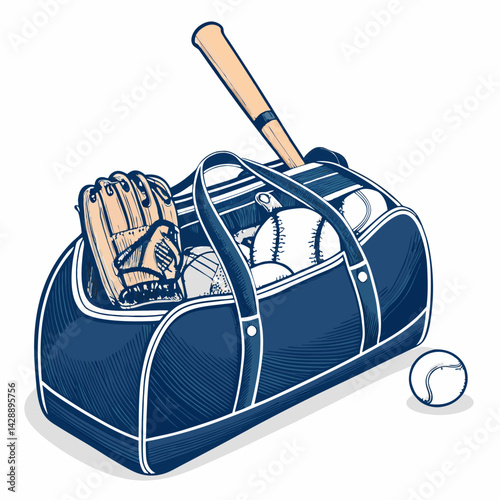 Create a vector illustration of a bold-stroke duffel bag overflowing with baseballs.  The style should be clean and modern.