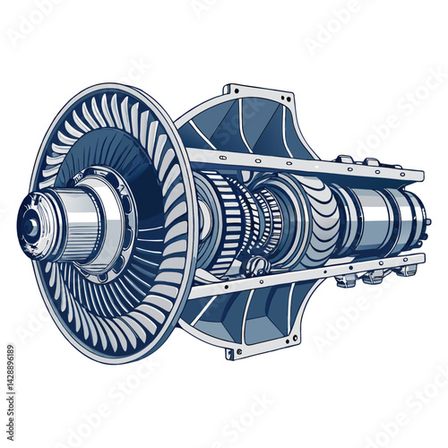 Create a bold, vector illustration of a cutaway gas turbine engine, showcasing internal components with thick, defined strokes.  Prioritize clarity and technical accuracy.