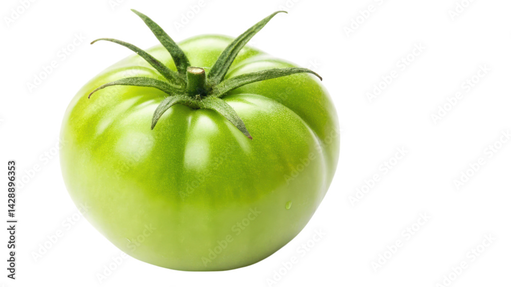 custom made wallpaper toronto digitalA vibrant green tomato with distinct ridges and a leafy crown, showcasing its fresh and raw appearance.