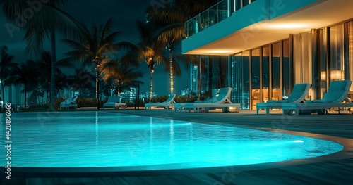 Landscape of a luxury hotel with a swimming pool in Miami Beach, Florida at night. Luxury beach resort and vacation concept. Stock photo with 2/3 of the image reserved for text placement, such as All 