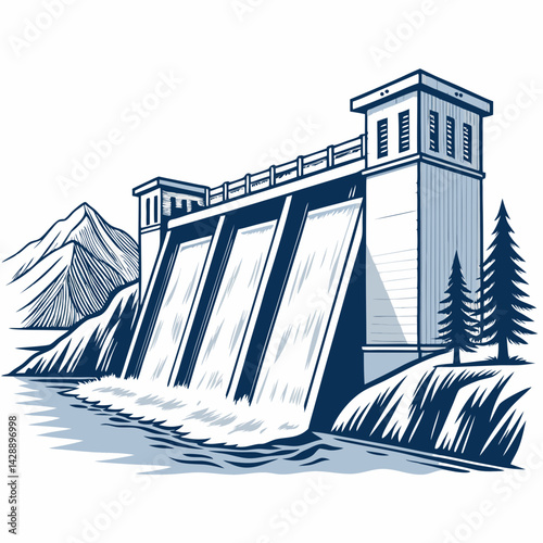 Design a bold vector illustration of a hydroelectric dam, emphasizing its powerful structure and energy generation.  Include details like water flow and turbines.