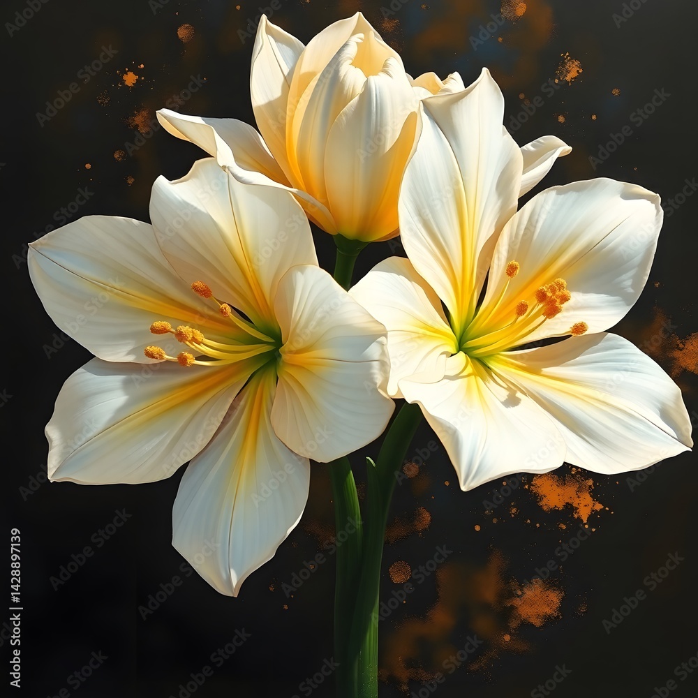 Fototapeta premium Abstract Dynamic motion, dreamlike surreal painting White flowers with golden accents, close-up view, intricate details, dark background with gold splashes art illustration design