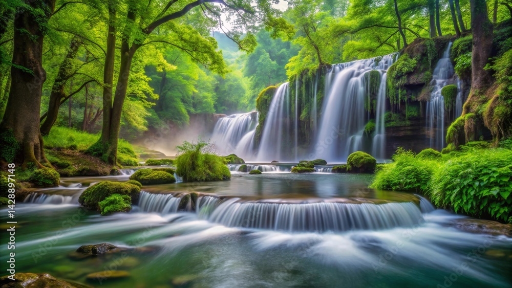 Fototapeta premium Serene Waterfall Cascading Through Lush Green Forest, a Tranquil Oasis of Nature's Beauty