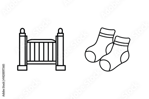 Minimalist Baby Crib And Socks Outline Illustration For Newborn Concept