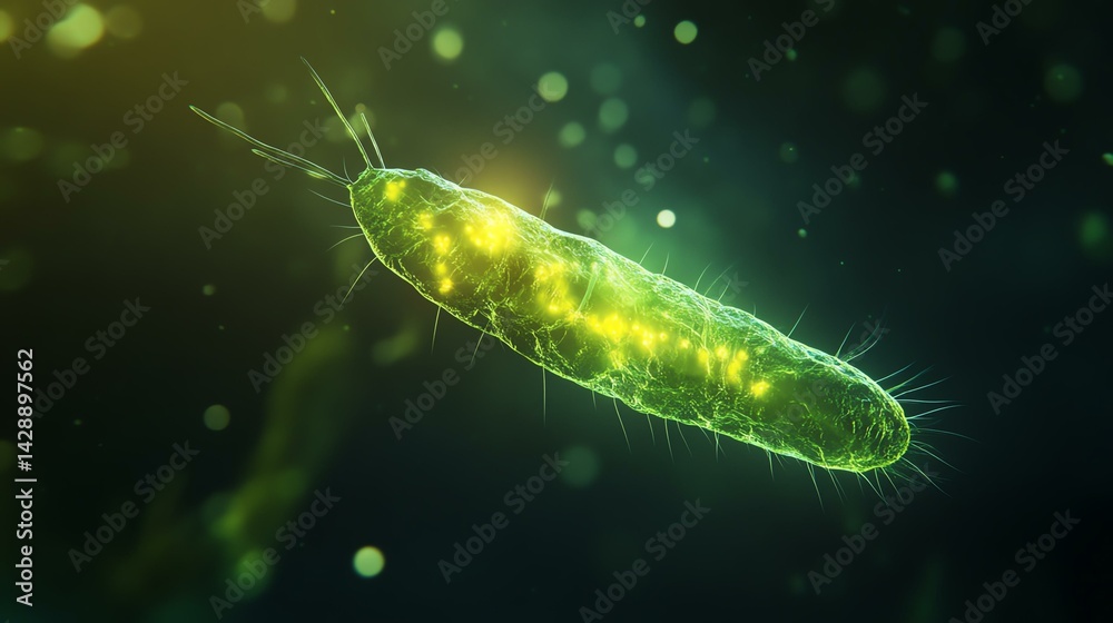 Fototapeta premium Microscopic view of glowing green bacteria.