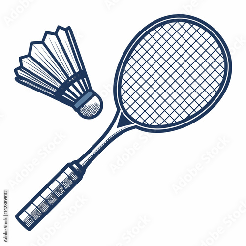 Create a bold, vector illustration of a badminton racket with a thick, black stroke, emphasizing detail and texture.  Include realistic shading.