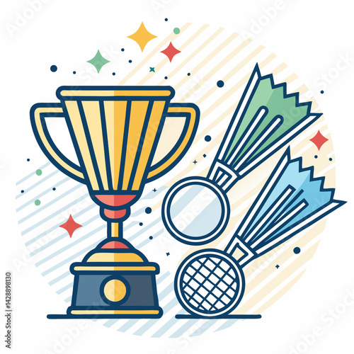Create a vector illustration of a bold-stroked badminton trophy, emphasizing strong lines and a clean, modern design.  Include details like a shuttlecock and perhaps a stand.