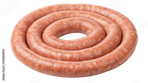 A coiled sausage placed in a spiral formation showcasing its texture and color.