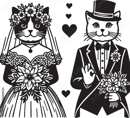 Cute Animal Wedding Couple in Monochrome Style. A whimsical black and white illustration of a fox bride and a tiger groom.