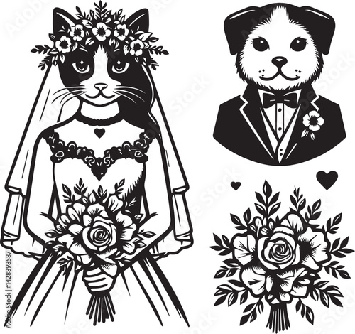 Cute Animal Wedding Couple in Monochrome Style. A whimsical black and white illustration of a fox bride and a tiger groom.