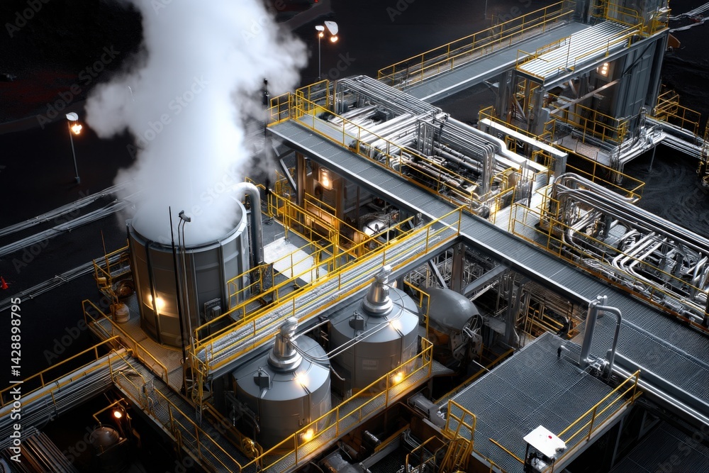 Industrial Plant with Smoke Emission and Pipeline Network at Night