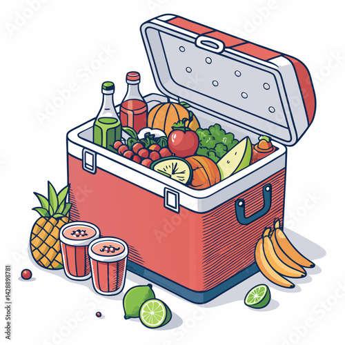 Create a vector illustration of a bold-stroked cooler box overflowing with delicious juicy watermelons.  The style should be clean and modern.