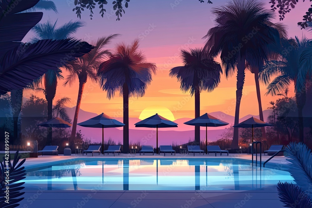 Obraz premium Landscape of a swimming pool with chairs and umbrellas under palm trees at sunset in a summer vacation hotel resort, a luxury beach lifestyle background. 