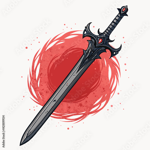 Design a bold, black vector illustration of a cursed dark sword with wickedly curved blade and ornate hilt.  Include heavy, dark outlines.