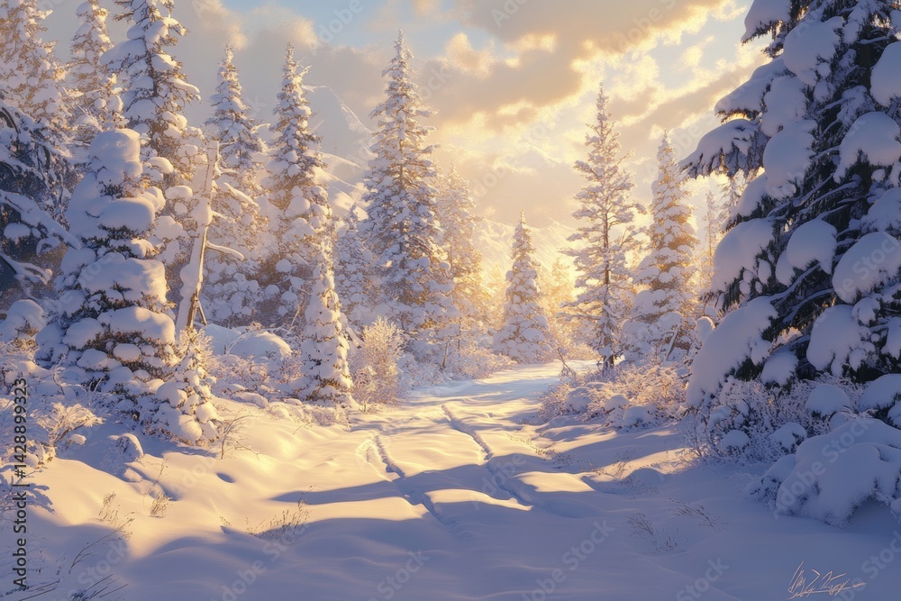 Snow-covered pine forest with sunlight filtering through the trees.