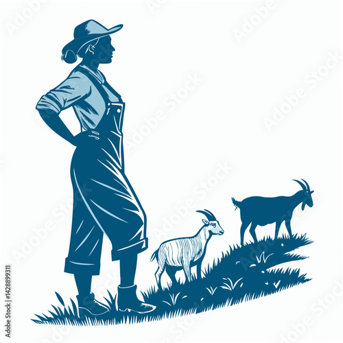 Create a bold vector illustration of a strong female goat farmer, confidently tending her herd.  Include detailed facial features and clothing suitable for farm work.